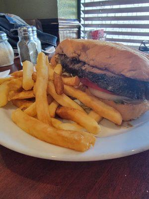 Grilled prime rib sandwich and fries.