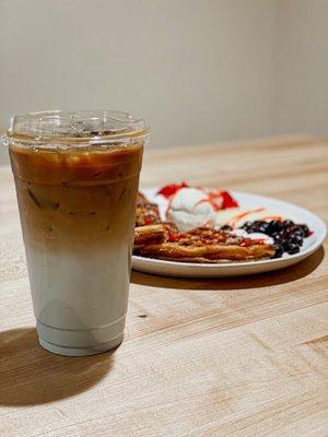 Berries Farm Waffle with Butterfly Pea Vanilla iced latte | @_oohmesohungry