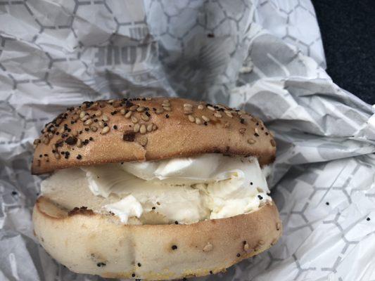 I'm not quite sure WHY this much cream cheese was put on the bagel. I threw half of it away. Also my bagel was hard and tasted old