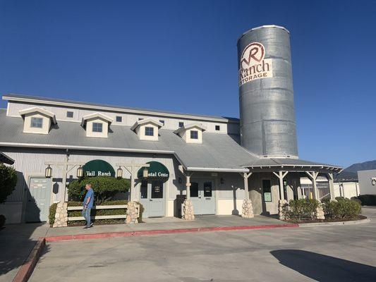 Exterior front view of the building with its signature silo. Taken from parking lot.