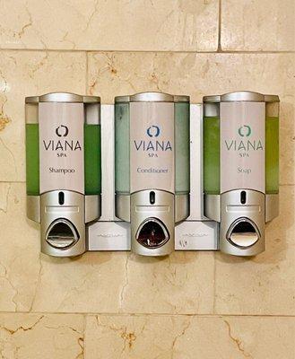 Soap, shampoo, conditioner dispensers in the shower