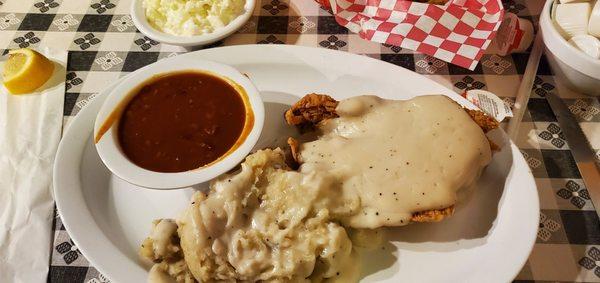 Country Fried Chicken with potatoes, gravy and baked beans