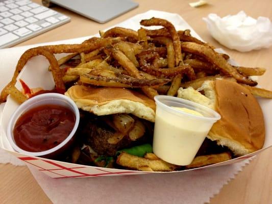 Akaushi beef sliders w/ caramelized onions & bleu  cheese and duck fat fries