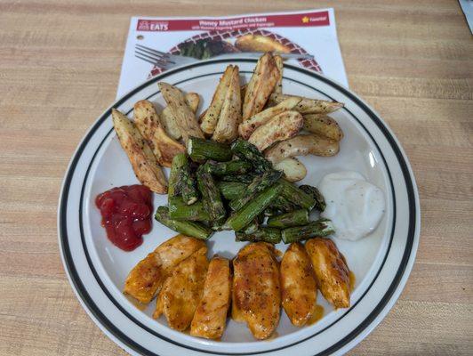 Honey Mustard Chicken with asparagus and fingerling potatoes.