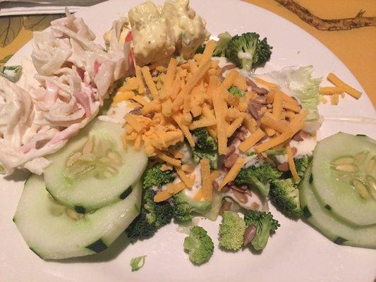 My salad bar fixins... note the peeled cucumbers and chopped broccoli.... what, what?!?