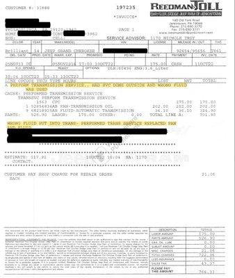 Service Invoice stating the issue was the wrong transmission fluid was used.