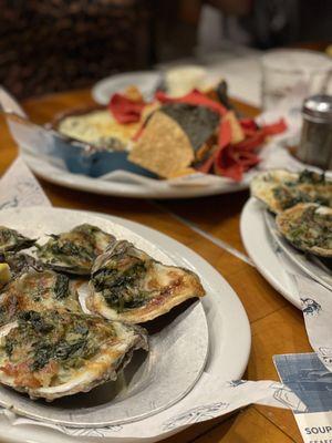 Oyster Rockefeller and artichoke dip