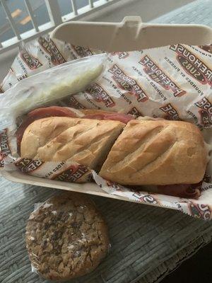 Italian sub-no ham, Mayo, lettuce, added olives & banana peppers. Pickle on the side and oatmeal cookie.