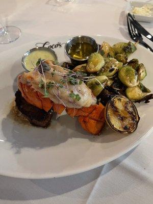 8oz filet with lobster tail and Brussel sprouts