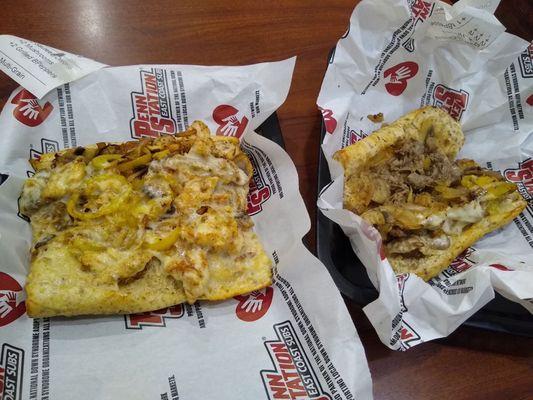 Small chicken customized cheese steak on left; steak on right