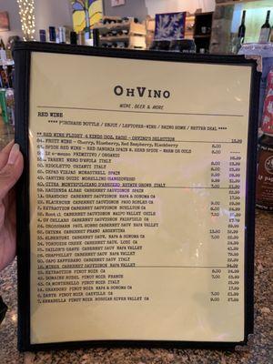 Red Wine Menu