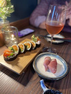 Fatty Bluefin (Maine), Salmon Avocado Roll, orange wine