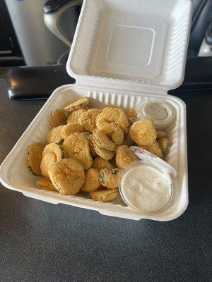 Fried pickles with ranch dip! Insanely good, like everything they have. Try the Carolina mustard sauce with anything on the menu. Yum!