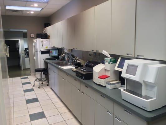 Pharmacy and lab equipment.  We offer in-house bloodwork to aid in the rapid diagnosis of sick pets.