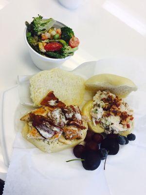 Chicken sandwich + chicken salad sandwich with broccoli salad