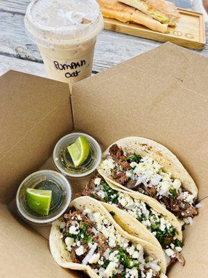 Beef breakfast tacos and the pumpkin oat milk latte!