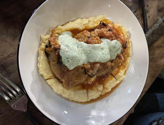 Stuffed cabbage with tatziki and polenta- unexpectedly delicious.