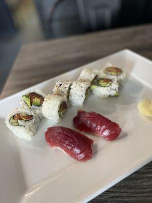 Salmon avocado roll and blue fin nigiri