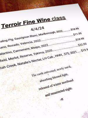 Sample of Terroir's wine tasting menu.