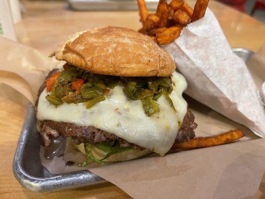 Green chile jack burger with sweet potato fries