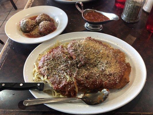 The BEST chicken parmesan  with side of mestballs.