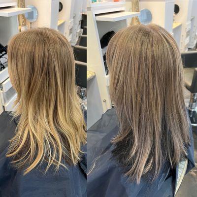 Before and after the client wanted less blonde and be darker underneath. Hair done by Carol Beckner