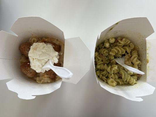 Mafalde w/ alfredo, roasted garlic & olive oil, meatballs & fresh ricotta and Fusilli w/ pesto, pancetta & fresh mozzarella