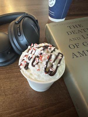 Custom hot chocolate with whipped cream, peppermint, and chocolate.