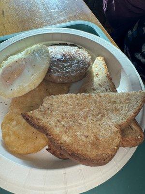 Hashbrown, eggs, toast, sausage