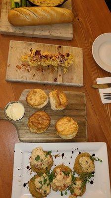 Fried tomatoes, homemade biscuits, deviled eggs, bread and warm cheese dip - all to die for!