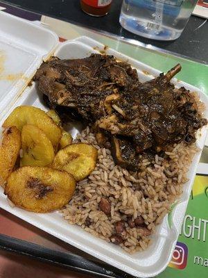 Jerk Chicken SM, rice and beans, Plantains