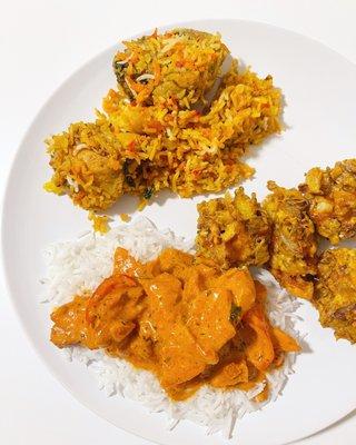 Vegetable Pakora, Chicken Tikka Masala, Garlic Naan, and  Chicken Briyani