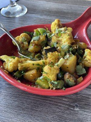 Tawa sabzi - okra, eggplant, bell pepper, onion, colocasia.