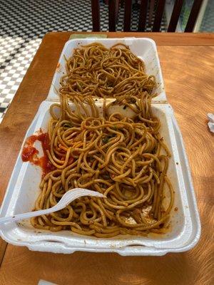 The noodle forest the scant amount of meat and veggies were lost in.