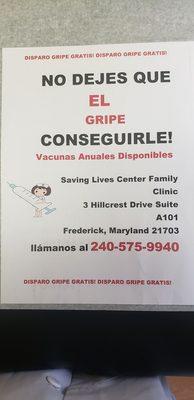 Saving Lives Center Family Clinic. Flu shot available