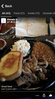 Brisket sandwich, baked beans, coleslaw, & Texas toast.