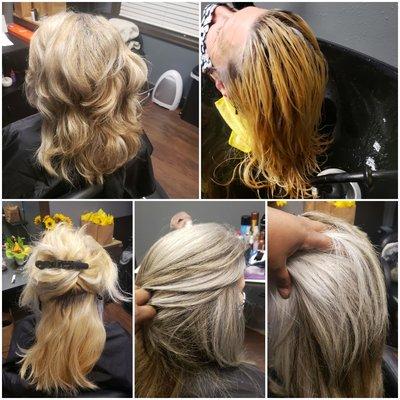 Transition from box color to her  natural pattern gray. Even if its a dark color it can be done!