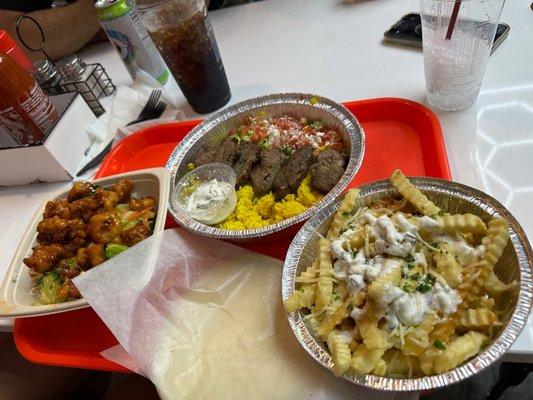 Orange chicken standard bowl, shawarma #1 entree and foodie fries!!