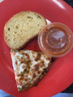 A slice of pie, garlic bread, and marinara.