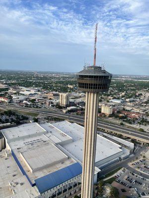 Tower of the Americas and Henry B. Gonzalez Convention Center in downtown San Antonio from a helicopter