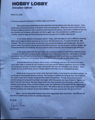 David Green's letter to his employees.