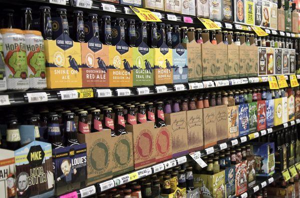 A partial view of the Wisconsin craft beer aisle.