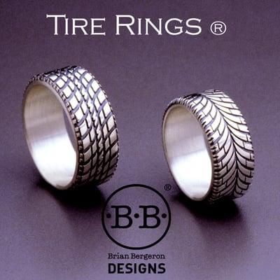 Car Tire Rings®  for the auto enthusiast shown in sterling silver. Brian Bergeron Designs.