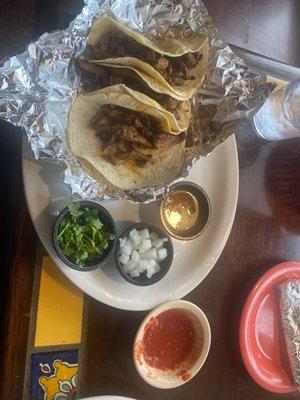 Street Tacos with Steak, everything like add ons, on the side, steak was cooked very nicely and tender:).