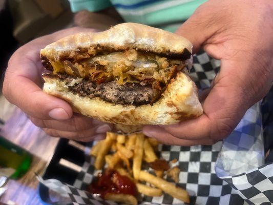 Papa burger and fries with really dry, flavorless meat patty.