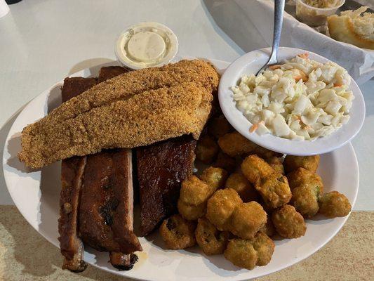 3rib w/1piece fish..choice of 2 sides. I opted for okra and cole slaw.