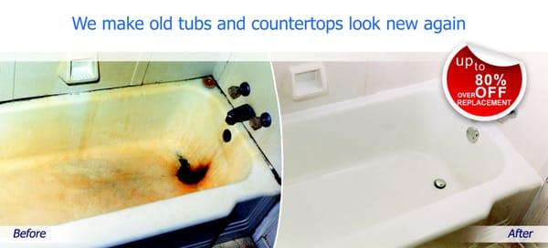 We make old bathtubs, tile and countertops look new again. Refinishing saves up to 80% over replacement.