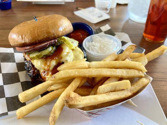 Gouda Garlic Bacon Burger with a French fry side