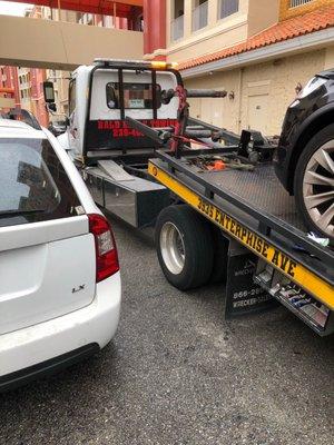 The black Tesla X which needed a tow to a supercharger station