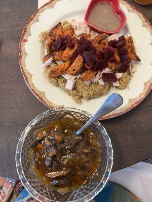 Soup of the Day - Mushroom Soup Root Veg and Quinoa Salad